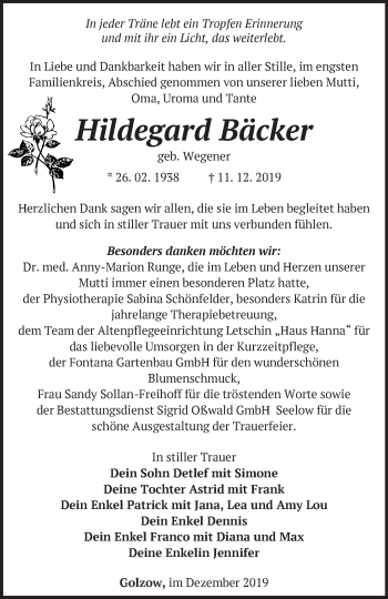 Traueranzeige von Hildegard Bäcker von Märkische Oderzeitung