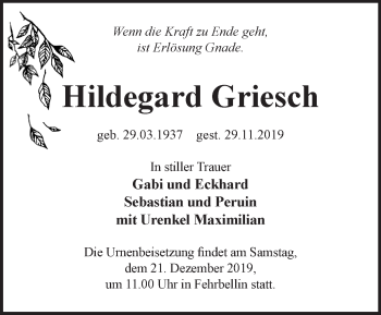 Traueranzeige von Hildegard Griesch von Märkische Oderzeitung