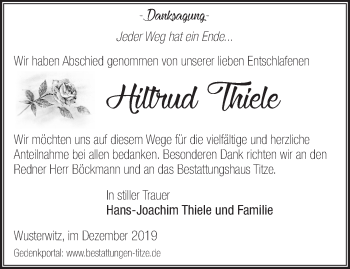 Traueranzeige von Hiltrud Thiele von Märkische Oderzeitung