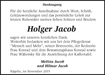 Traueranzeige von Holger Jacob von Märkische Oderzeitung