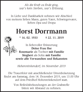 Traueranzeige von Horst Dorrmann von Märkische Oderzeitung