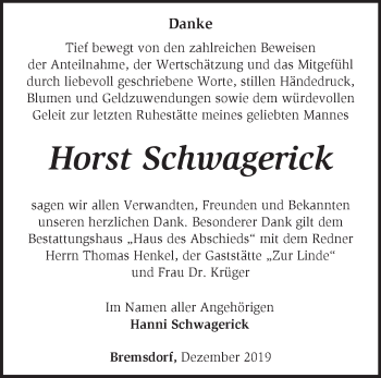 Traueranzeige von Horst Schwagerick von Märkische Oderzeitung