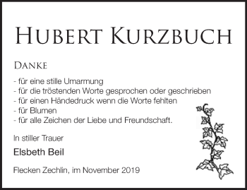 Traueranzeige von Hubert Kurzbuch von Märkische Oderzeitung