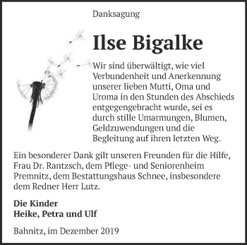 Traueranzeige von Ilse Bigalke von Märkische Oderzeitung