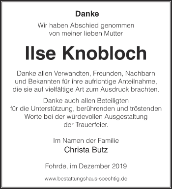 Traueranzeige von Ilse Knobloch von Märkische Oderzeitung