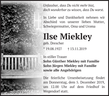 Traueranzeige von Ilse Miekley von Märkische Oderzeitung