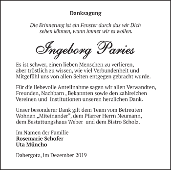 Traueranzeige von Ingeborg Paries von Märkische Oderzeitung