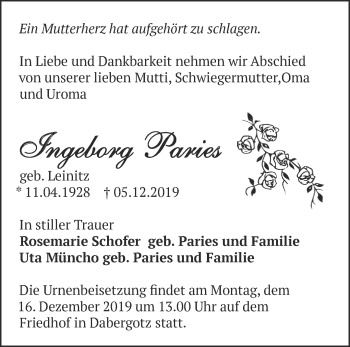 Traueranzeige von Ingeborg Paries von Märkische Oderzeitung