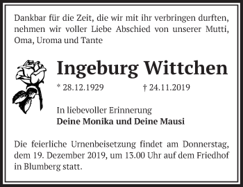 Traueranzeige von Ingeburg Wittchen von Märkische Oderzeitung