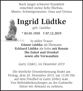 Traueranzeige von Ingrid Lüdtke von Märkische Oderzeitung