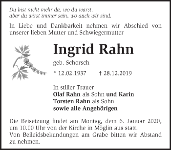 Traueranzeige von Ingrid Rahn von Märkische Oderzeitung