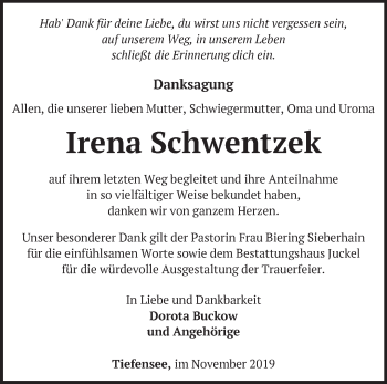 Traueranzeige von Irena Schwentzek von Märkische Oderzeitung