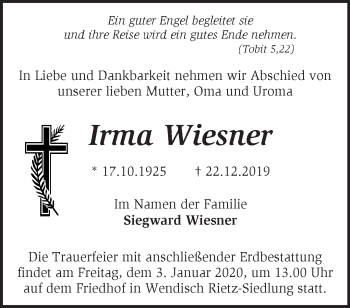 Traueranzeige von Irma Wiesner von Märkische Oderzeitung