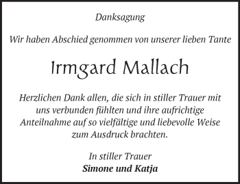 Traueranzeige von Irmgard Mallach von Märkische Oderzeitung