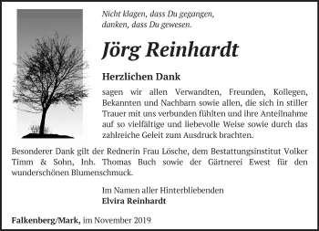 Traueranzeige von Jörg Reinhardt von Märkische Oderzeitung