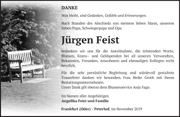 Traueranzeige von Jürgen Feist von Märkische Oderzeitung