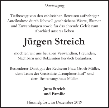 Traueranzeige von Jürgen Streich von Märkische Oderzeitung