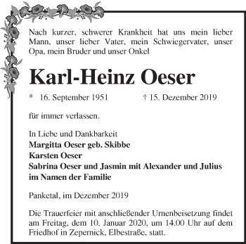 Traueranzeige von Karl-Heinz Oeser von Märkische Oderzeitung