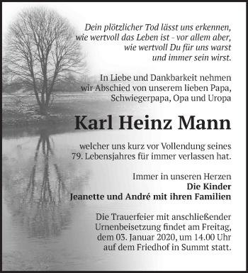 Traueranzeige von Karl Heinz Mann von Märkische Oderzeitung