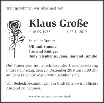 Traueranzeige von Klaus Große von Märkische Oderzeitung