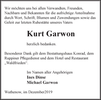 Traueranzeige von Kurt Garwon von Märkische Oderzeitung