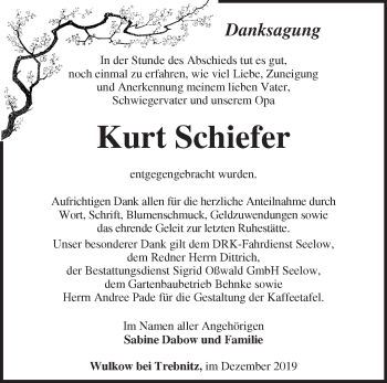 Traueranzeige von Kurt Schiefer von Märkische Oderzeitung