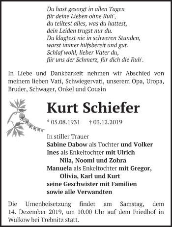 Traueranzeige von Kurt Schiefer von Märkische Oderzeitung