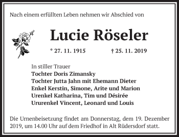 Traueranzeige von Lucie Röseler von Märkische Oderzeitung