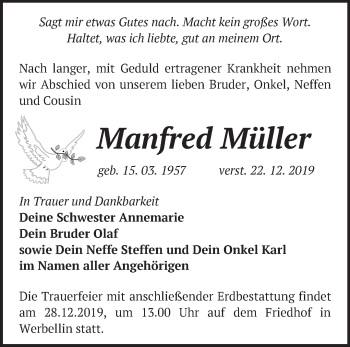 Traueranzeige von Manfred Müller von Märkische Oderzeitung