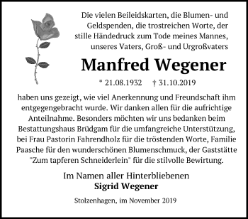 Traueranzeige von Manfred Wegener von Märkische Oderzeitung