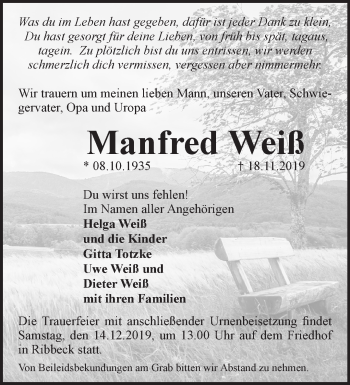 Traueranzeige von Manfred Weiß von Märkische Oderzeitung