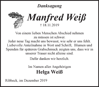 Traueranzeige von Manfred Weiß von Märkische Oderzeitung