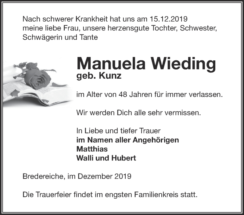  Traueranzeige für Manuela Wieding vom 21.12.2019 aus Märkische Oderzeitung