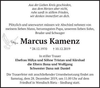 Traueranzeige von Marcus Kamenz von Märkische Oderzeitung