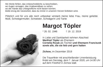 Traueranzeige von Margot Töpler von Märkische Oderzeitung