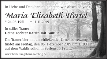 Traueranzeige von Maria Elisabeth Hertel von Märkische Oderzeitung