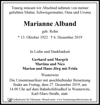 Traueranzeige von Marianne Alband von Märkische Oderzeitung