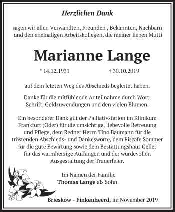 Traueranzeige von Marianne Lange von Märkische Oderzeitung