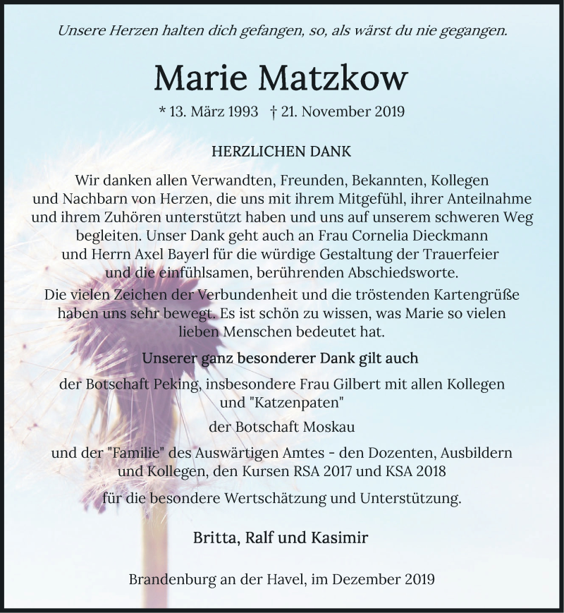  Traueranzeige für Marie Matzkow vom 29.12.2019 aus Märkische Oderzeitung