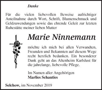 Traueranzeige von Marie Ninnemann von Märkische Oderzeitung