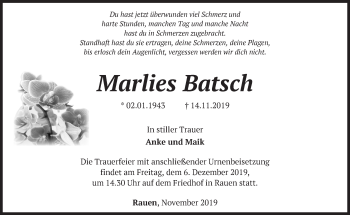 Traueranzeige von Marlies Batsch von Märkische Oderzeitung