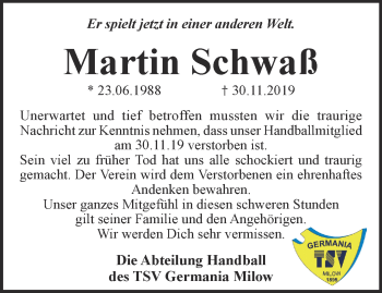 Traueranzeige von Martin Schwaß von Märkische Oderzeitung