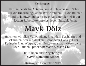 Traueranzeige von Mayk Dölz von Märkische Oderzeitung