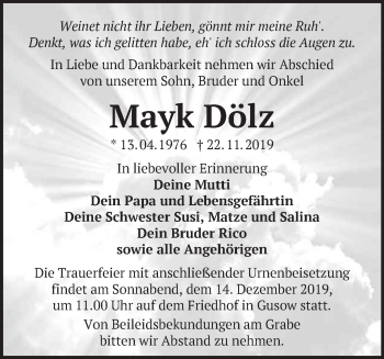 Traueranzeige von Mayk Dölz von Märkische Oderzeitung