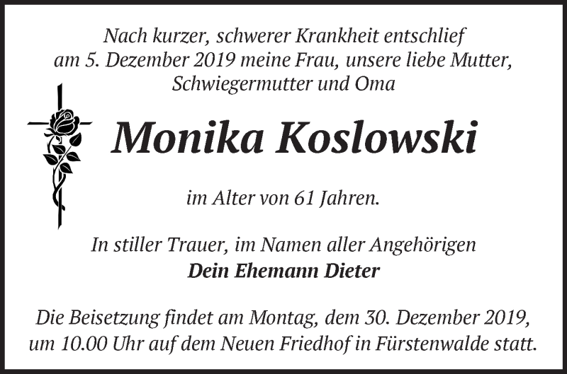  Traueranzeige für Monika Koslowski vom 22.12.2019 aus Märkische Oderzeitung