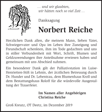 Traueranzeige von Norbert Reiche von Märkische Oderzeitung