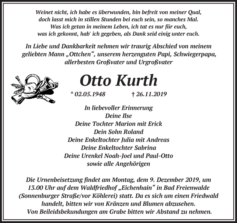  Traueranzeige für Otto Kurth vom 05.12.2019 aus Märkische Oderzeitung