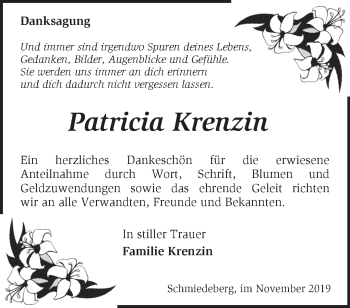 Traueranzeige von Patricia Krenzin von Märkische Oderzeitung