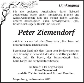 Traueranzeige von Peter Ziemendorf von Märkische Oderzeitung