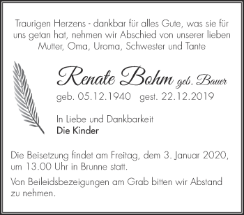 Traueranzeige von Renate Bohm von Märkische Oderzeitung